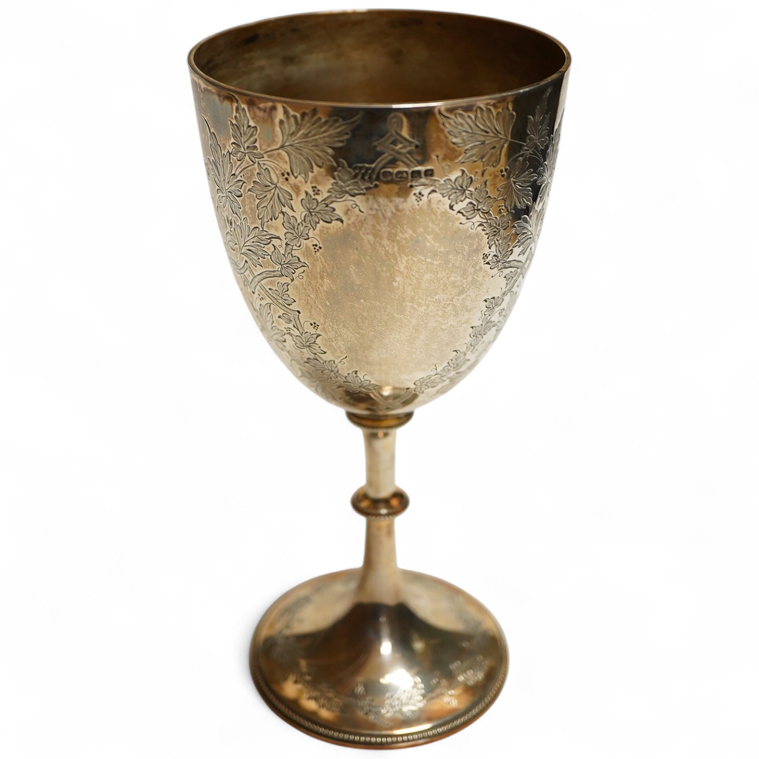 A late Victorian silver goblet Sheffield, 1880, Fenton Brothers, foliate engraved decoration, height 17.4cm., weight approx. 6.25ozt